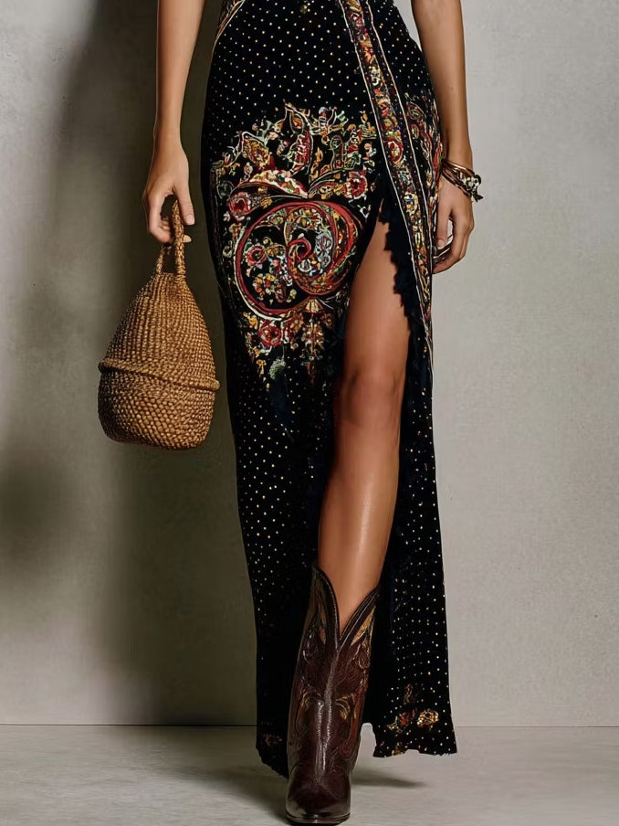 Bohemian Printed Dress with Plunging V-Neck and Elegant High Slit