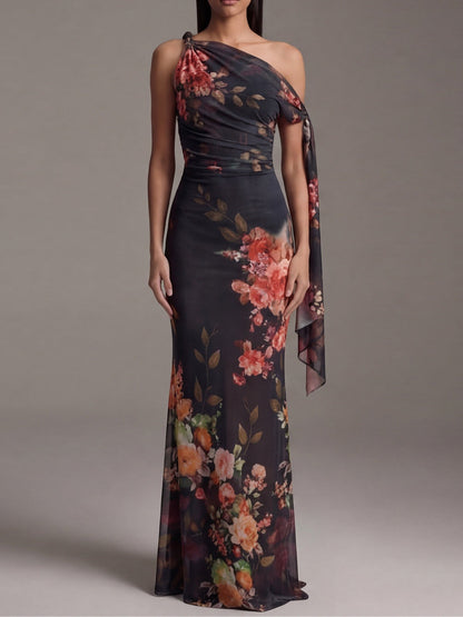 Black One-Shoulder Pleated Chiffon Maxi Dress with Elegant Print