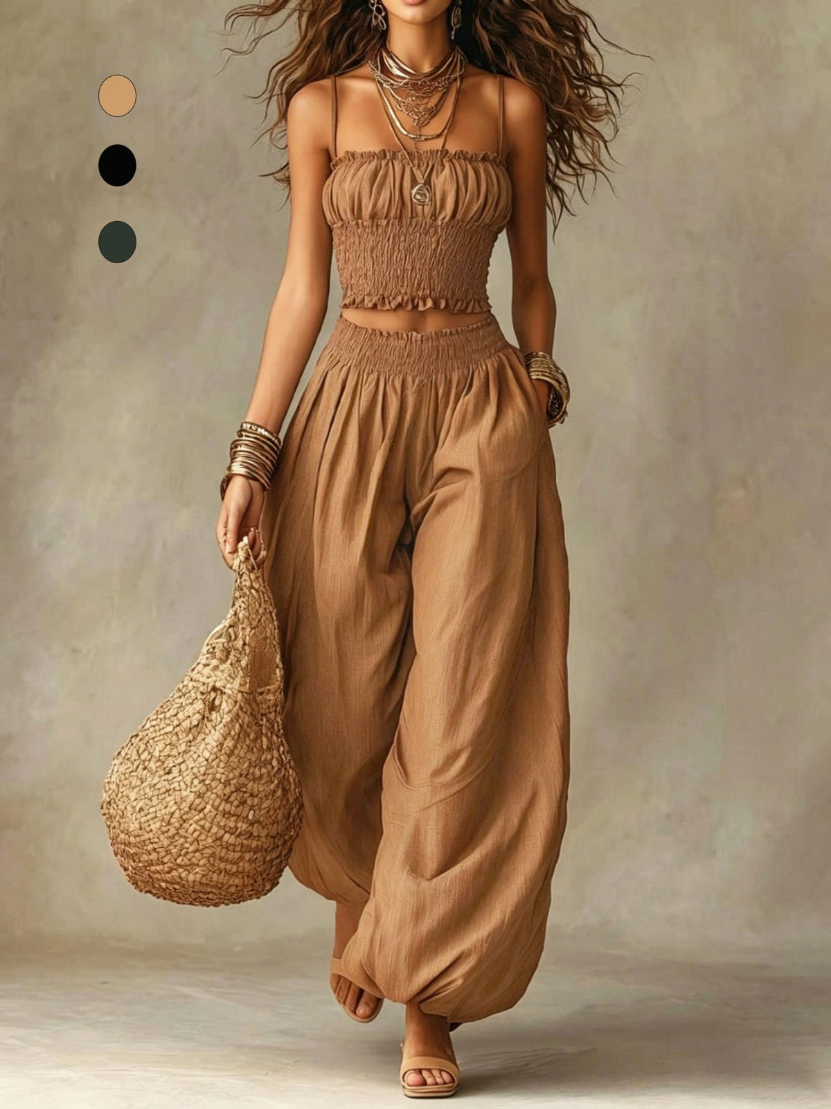 Women's Smocked Crop Top & Wide-Leg Pants Two-Piece Set