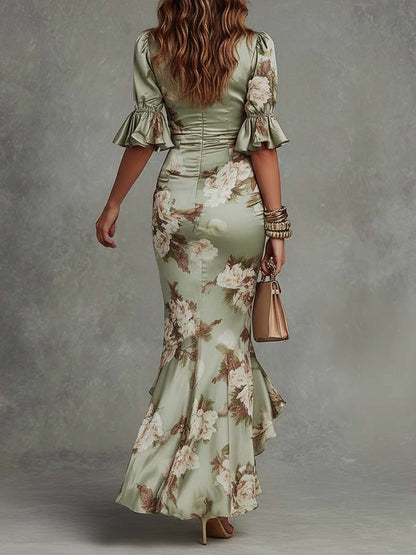Amara | Ruched Floral Ruffle Midi Dress